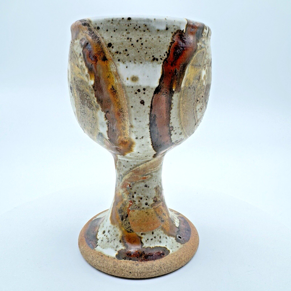 Studio Art Pottery Goblet Chalice Cup Textured Glazed Brown Gray Stoneware #4